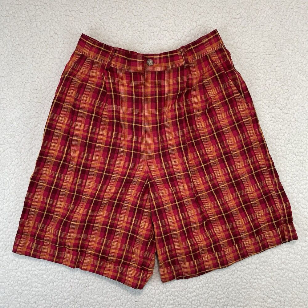 Vintage Womens Plaid Shorts 10 Medium Red Yello Pink Pleated Linen Cotton Blend